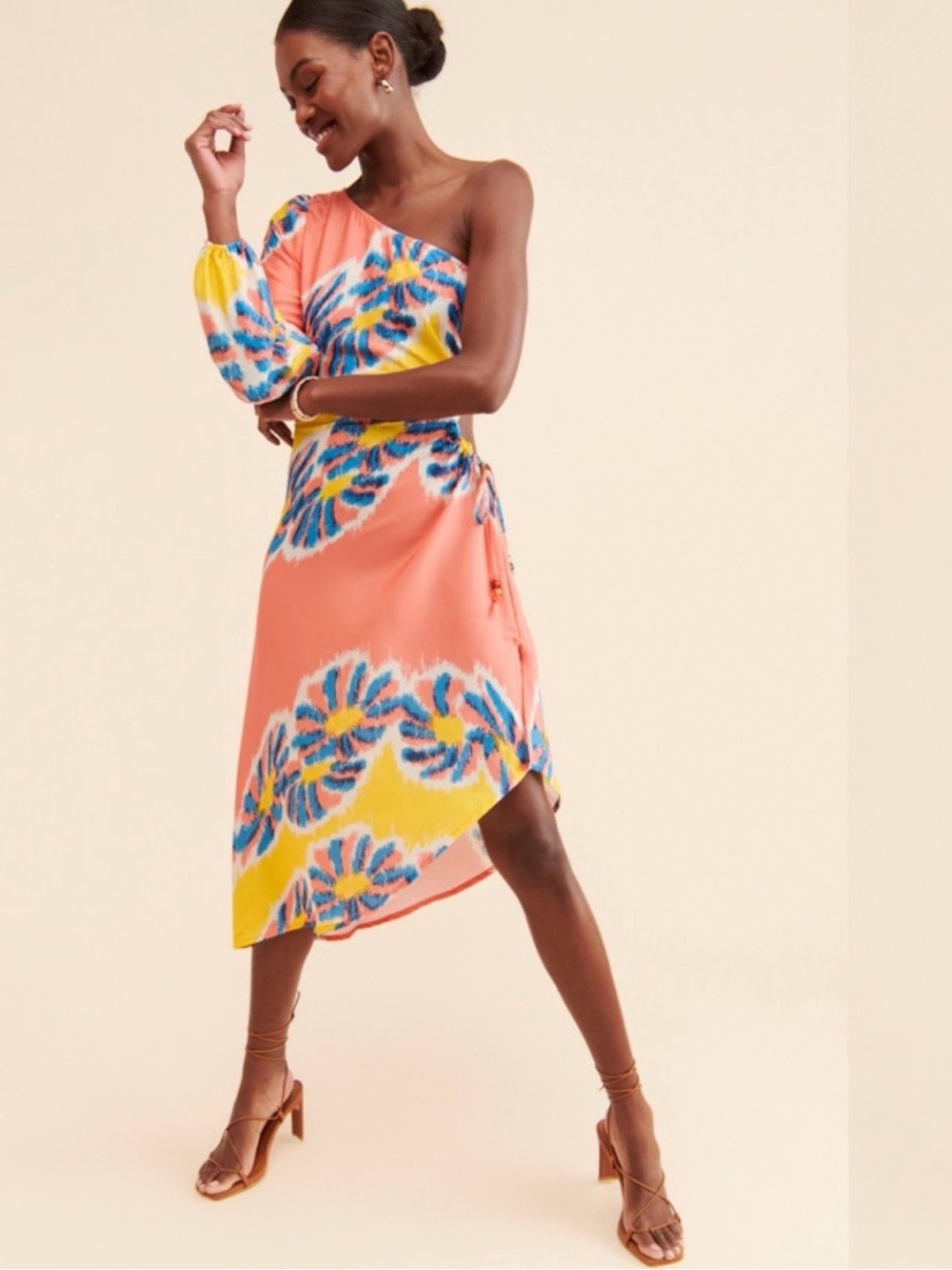 Anthropologie One-Shoulder Coral Floral Print Midi Dress